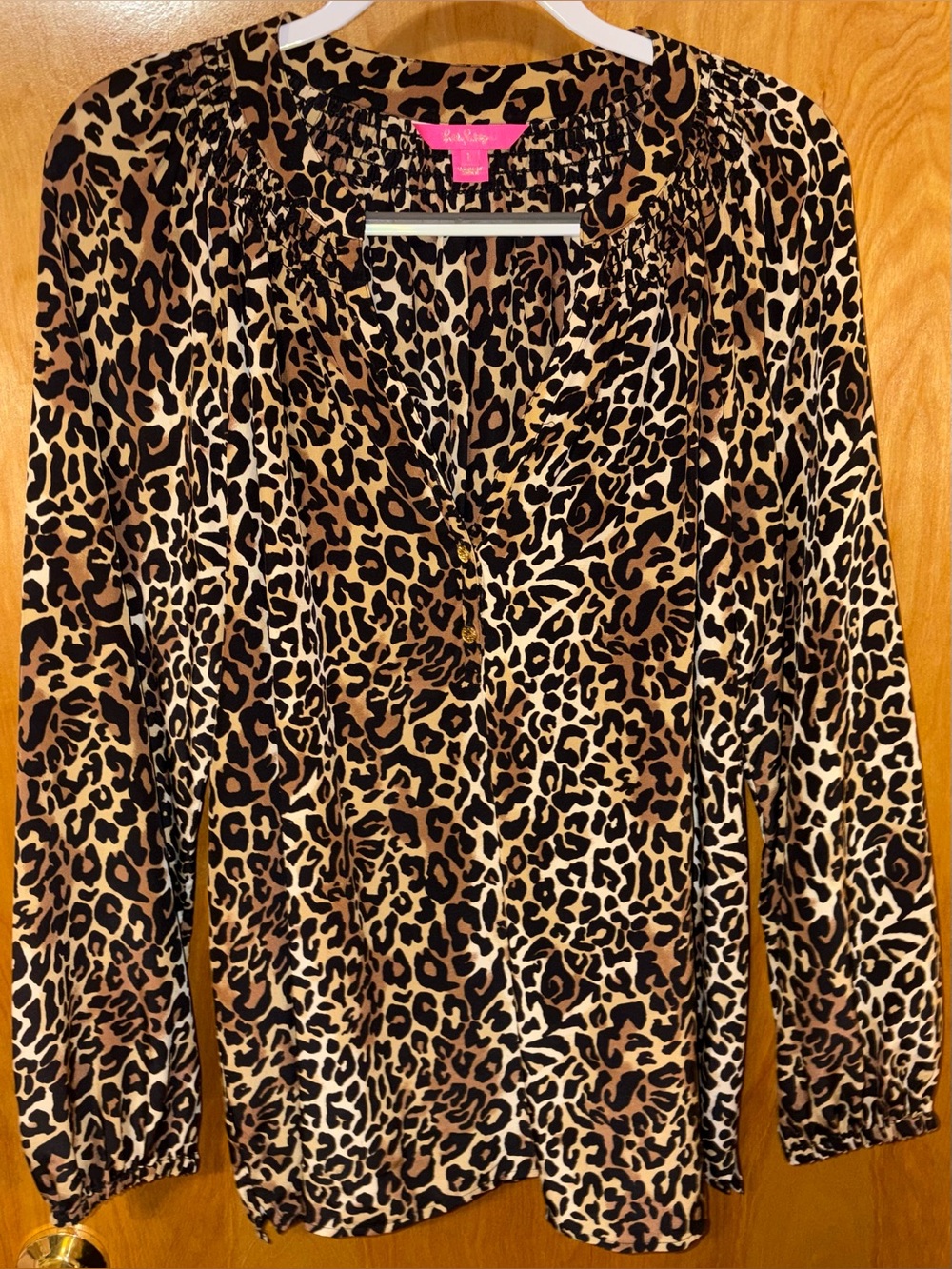 Lilly Pulitzer brown/black leopard animal print Elsa silk blouse Size Large